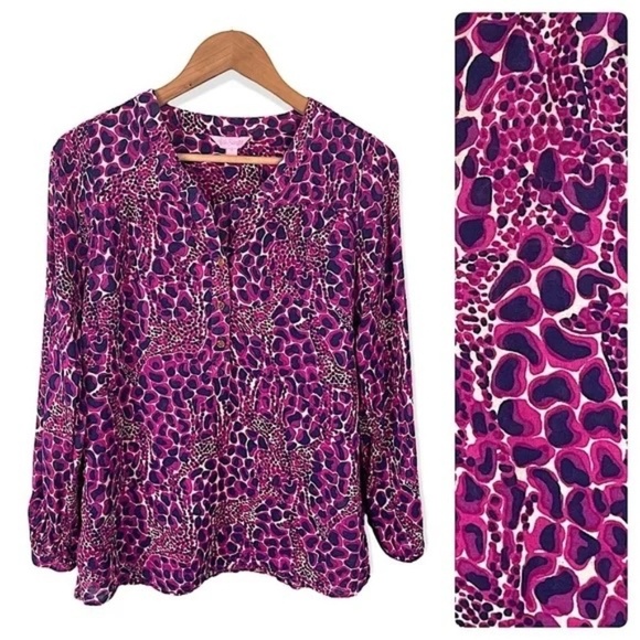 Lilly Pulitzer Sherida Top In Gigi Giraffe Pink Navy Cotton Casual Size S EUC - Picture 2 of 10